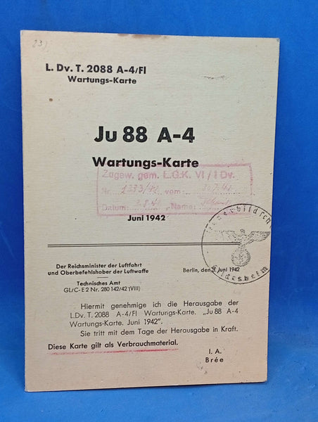 L.Dv.T. 2088 A-4/FI Ju 88 A-4 Wartungskarte. Seltenes Orginal!